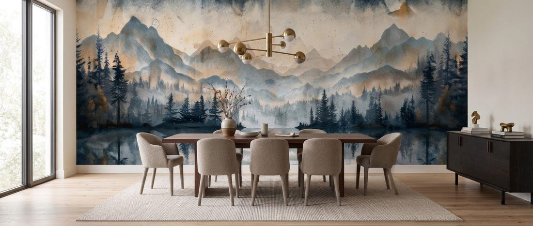 Mural de montañas entre la niebla instalado en un dormitorio
