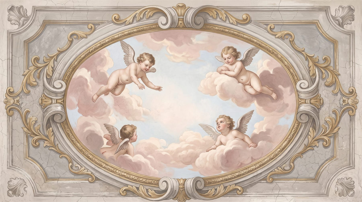 Mural de techo Fresco con Medallón Oval en Rosa Empolvado (muestra plana)
