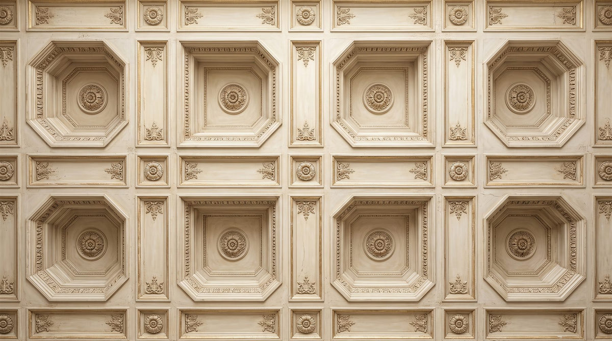 Mural de techo Trampantojo de Casetones Parisinos en Crema (muestra plana)