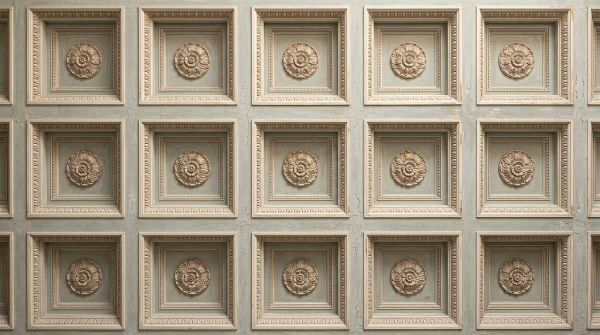Mural de techo Trampantojo de Casetones en Gris Salvia y Oro (muestra plana)