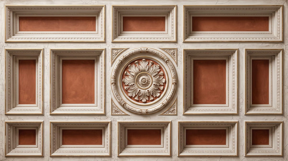 Mural de techo Trampantojo de Casetones Haussmann en Terracota (muestra plana)