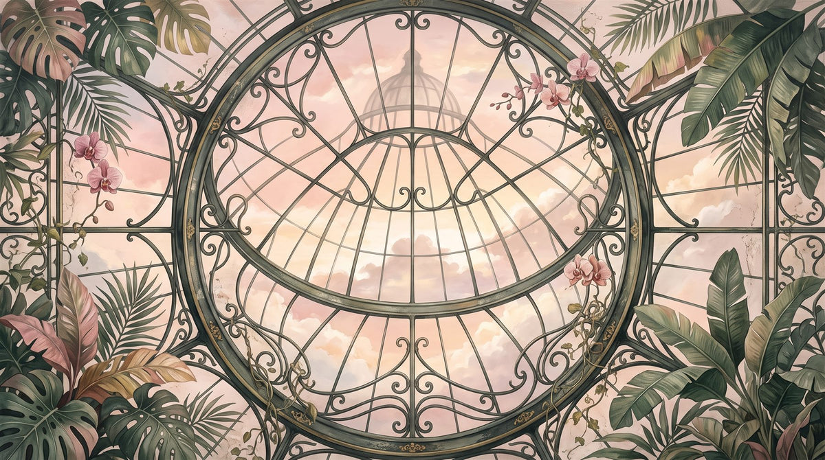 Mural de techo Trampantojo de Cúpula de Cristal en Rosa Tropical (muestra plana)