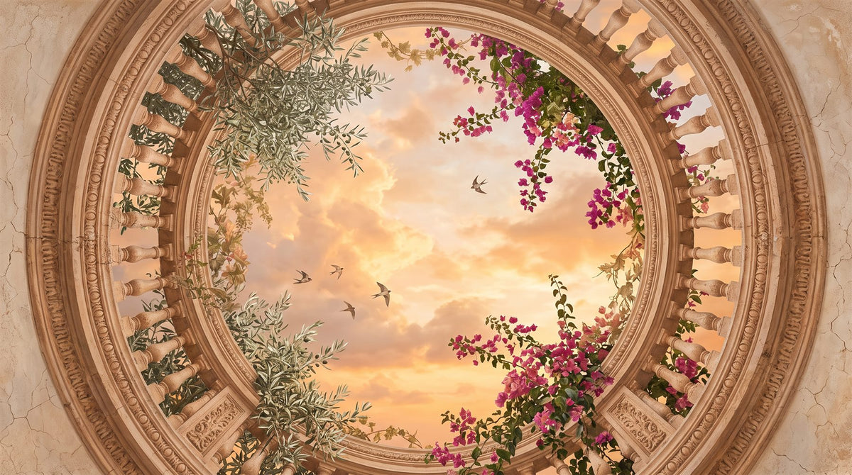 Mural de techo Trampantojo de Óculo al Atardecer con Olivo (muestra plana)