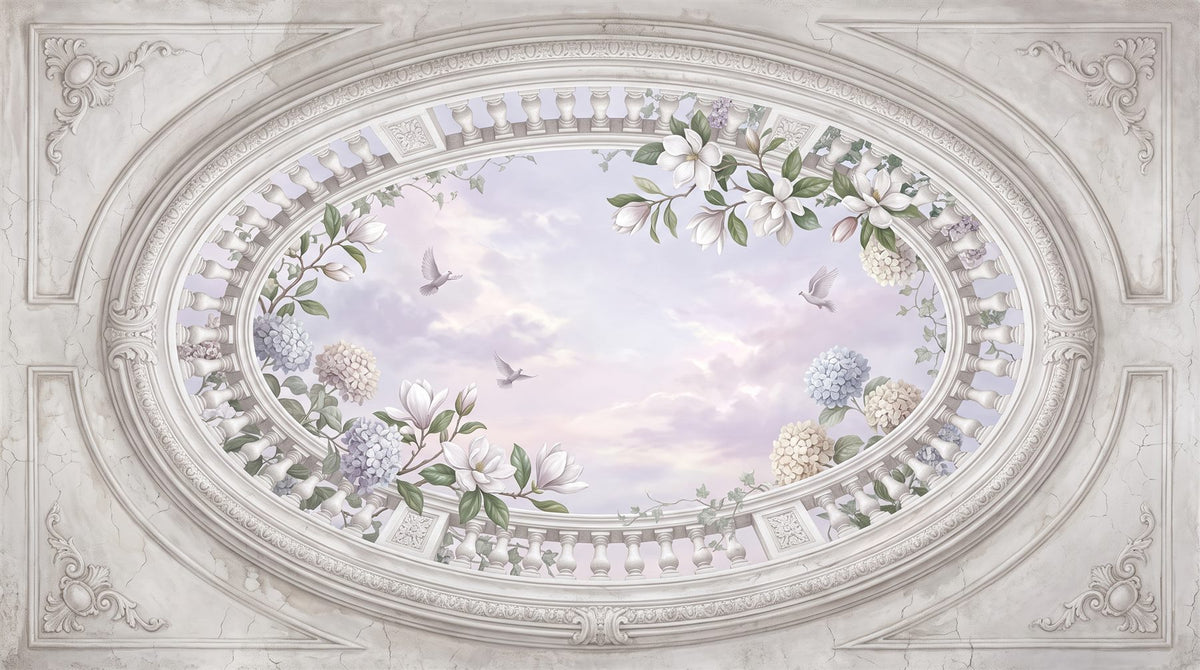 Mural de techo Trampantojo de Óculo Oval con Magnolias y Palomas (muestra plana)
