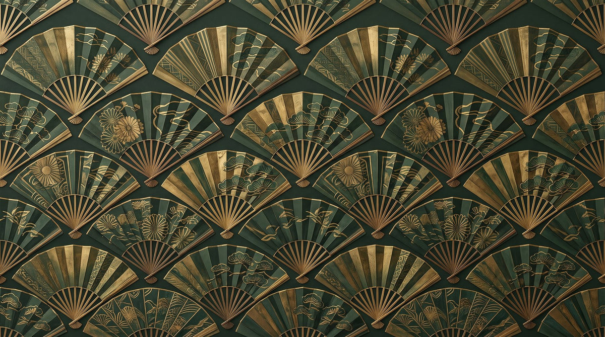 Mural Abanicos Japoneses en Verde y Oro (muestra plana)