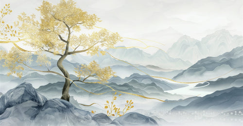 Mural Árbol Dorado entre la Niebla (muestra plana)