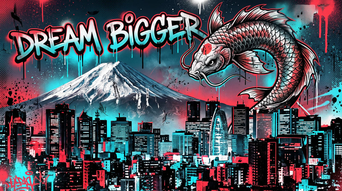 Mural Graffiti de Tokio con Monte Fuji y Koi, Dream Bigger (diseño completo)