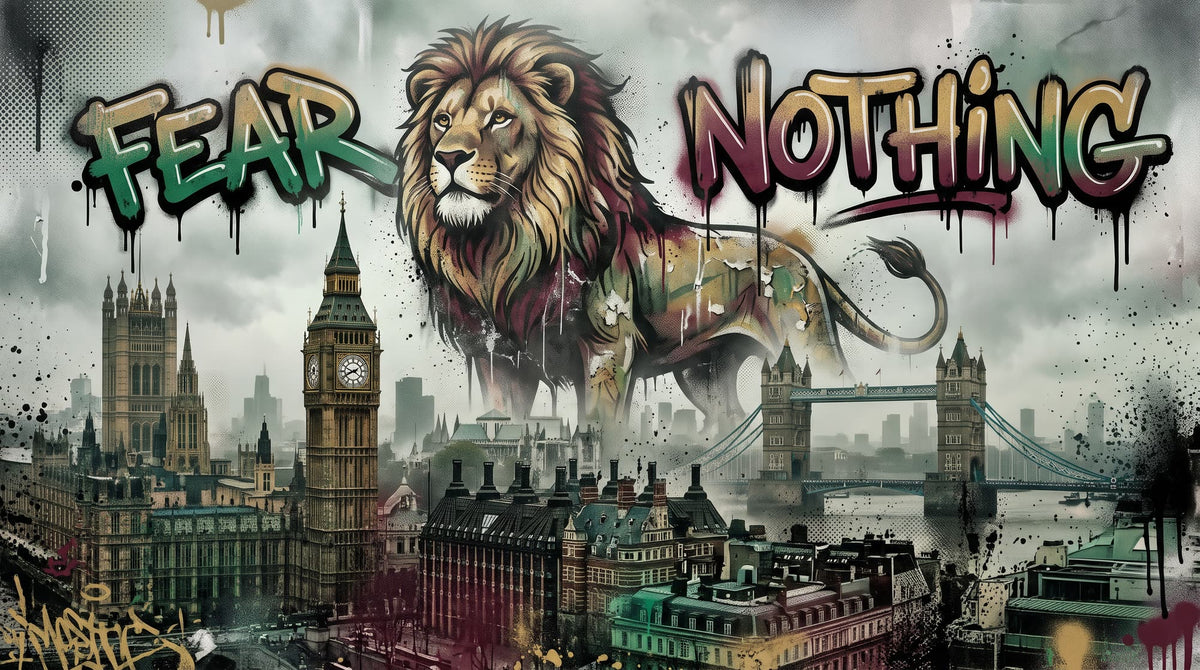 Mural Graffiti de Londres con León, Fear Nothing (diseño completo)