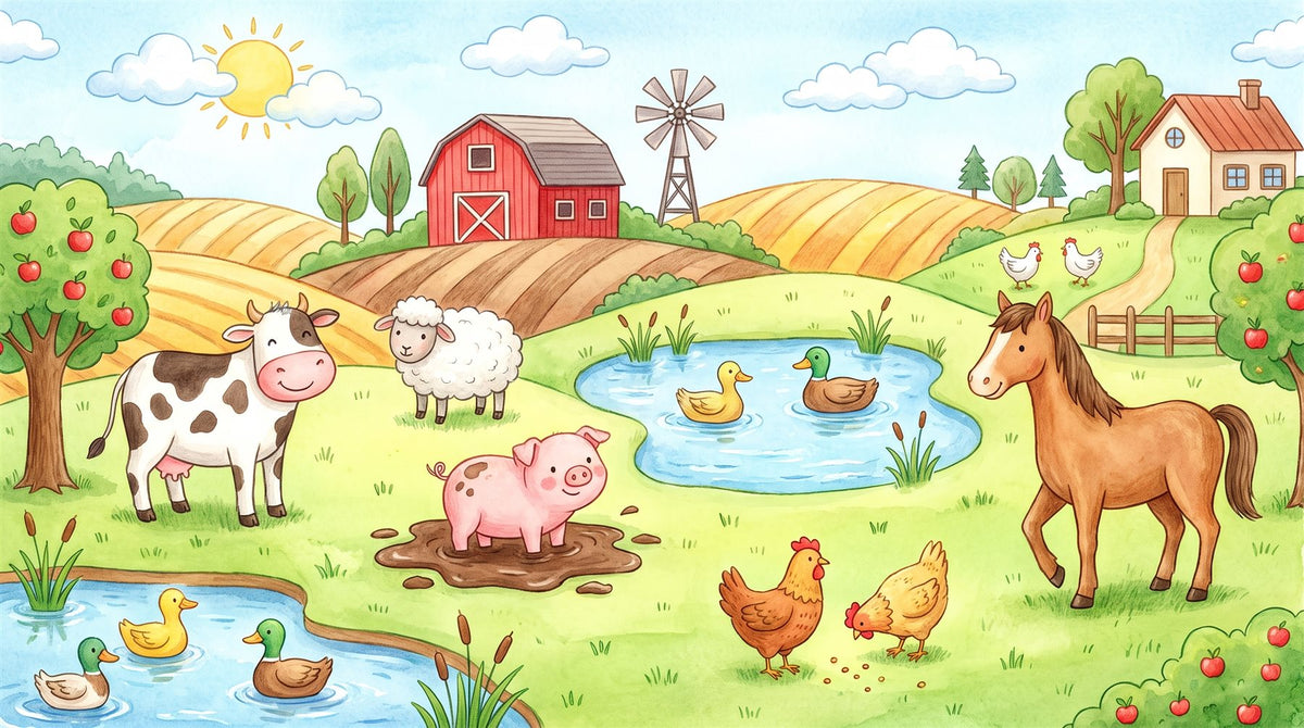 Mural Granja en Acuarela (muestra plana)