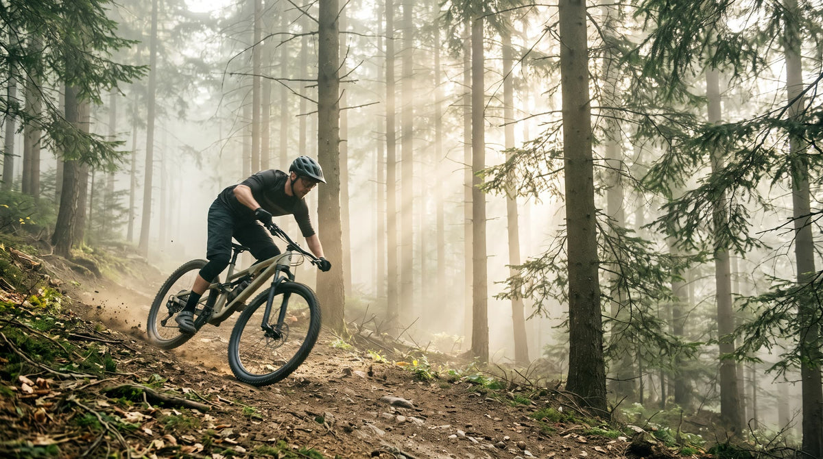 Mural Mountain Bike en un Sendero de Bosque con Niebla, Salvia (diseño completo)