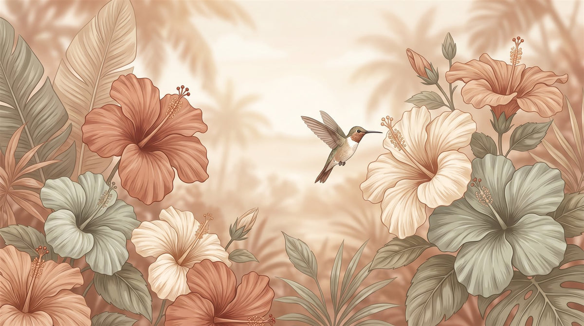 Mural Hibiscos Tropicales al Atardecer (muestra plana)