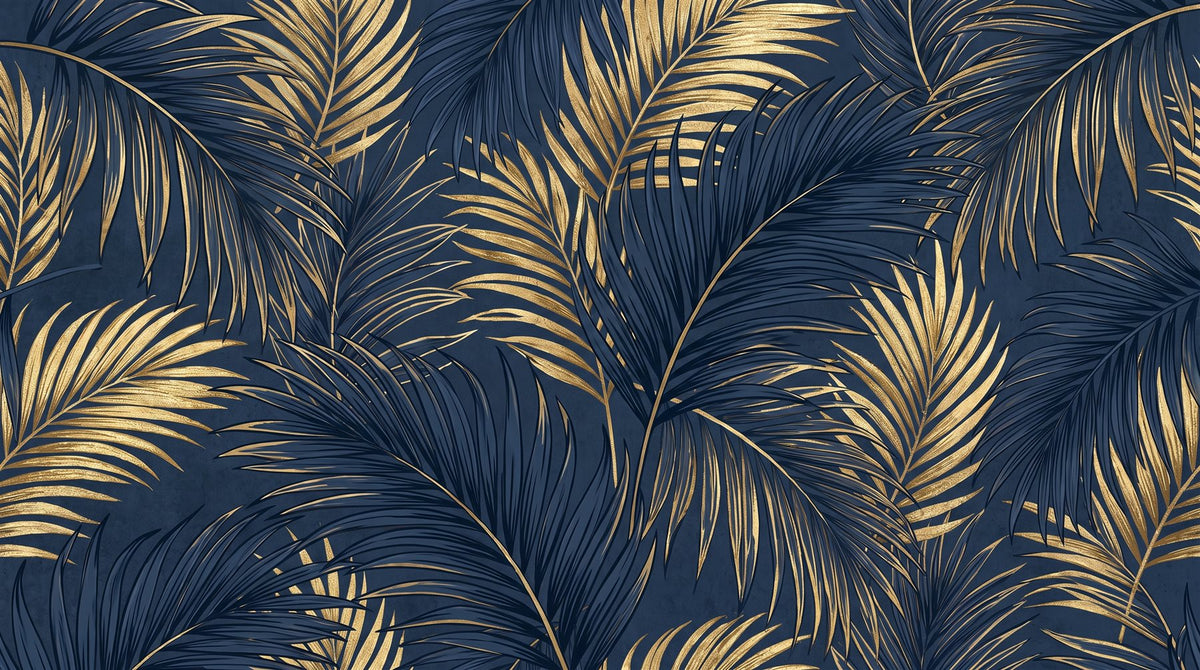 Mural Hojas de Palmera en Azul Marino y Oro (muestra plana)