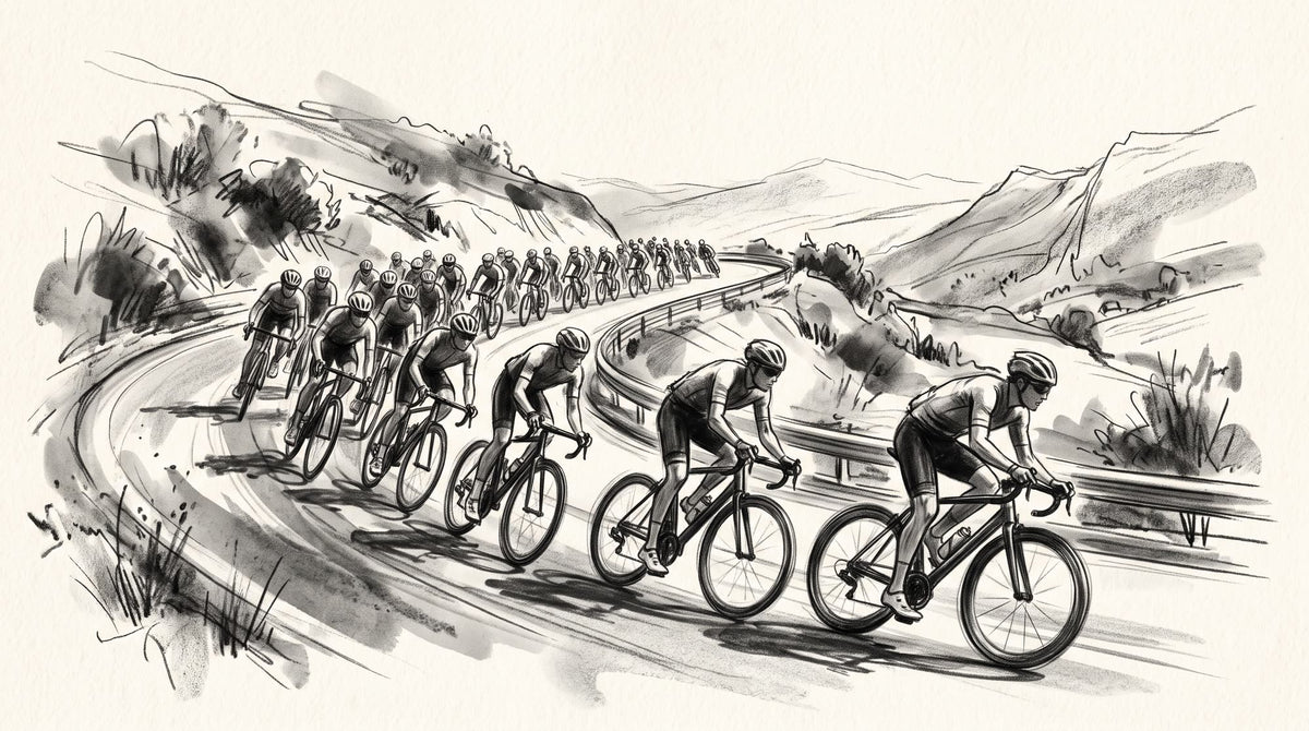 Mural Ciclismo, Pelotón en una Curva de Montaña, Boceto a Carboncillo (diseño completo)