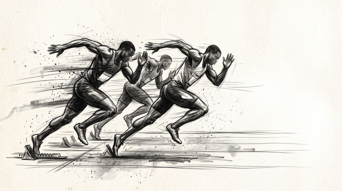 Mural Atletismo, Velocistas en la Salida, Boceto a Carboncillo (diseño completo)