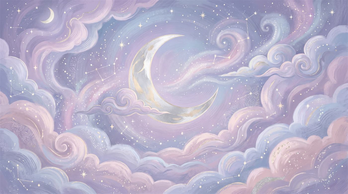 Mural Luna Creciente entre Nubes Lilas (muestra plana)
