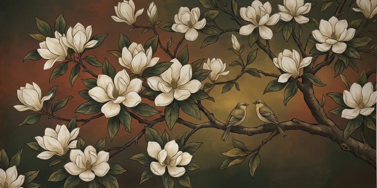 Mural Magnolias sobre Fondo Oscuro y Oro (muestra plana)