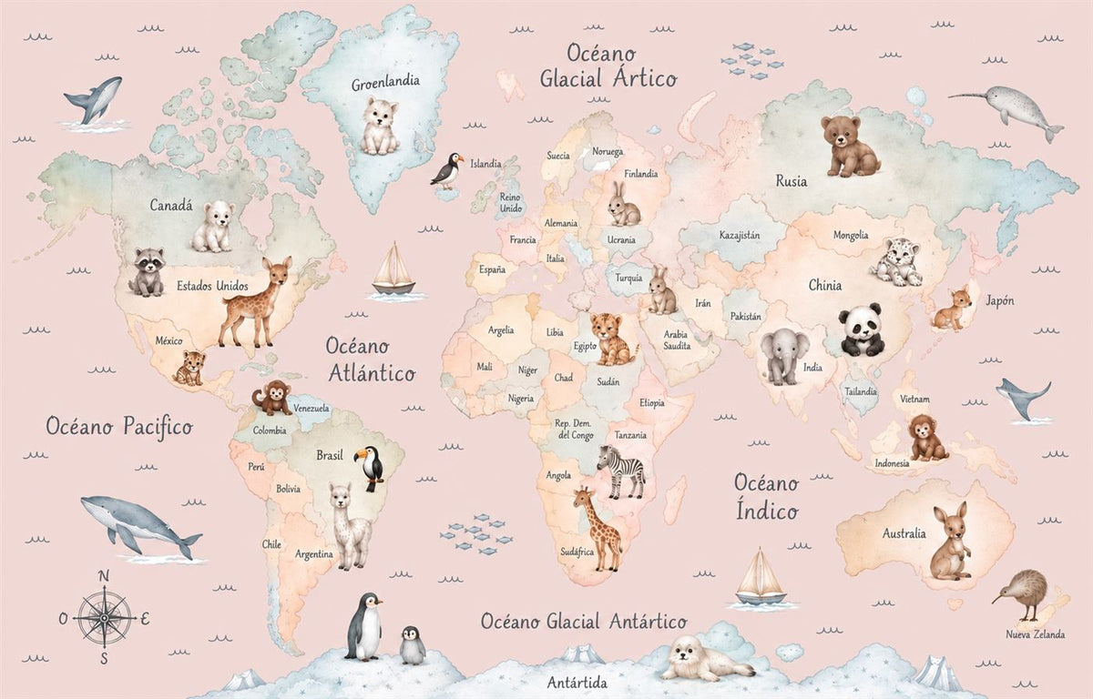 Mural Mapamundi de Animales en Rosa (muestra plana)