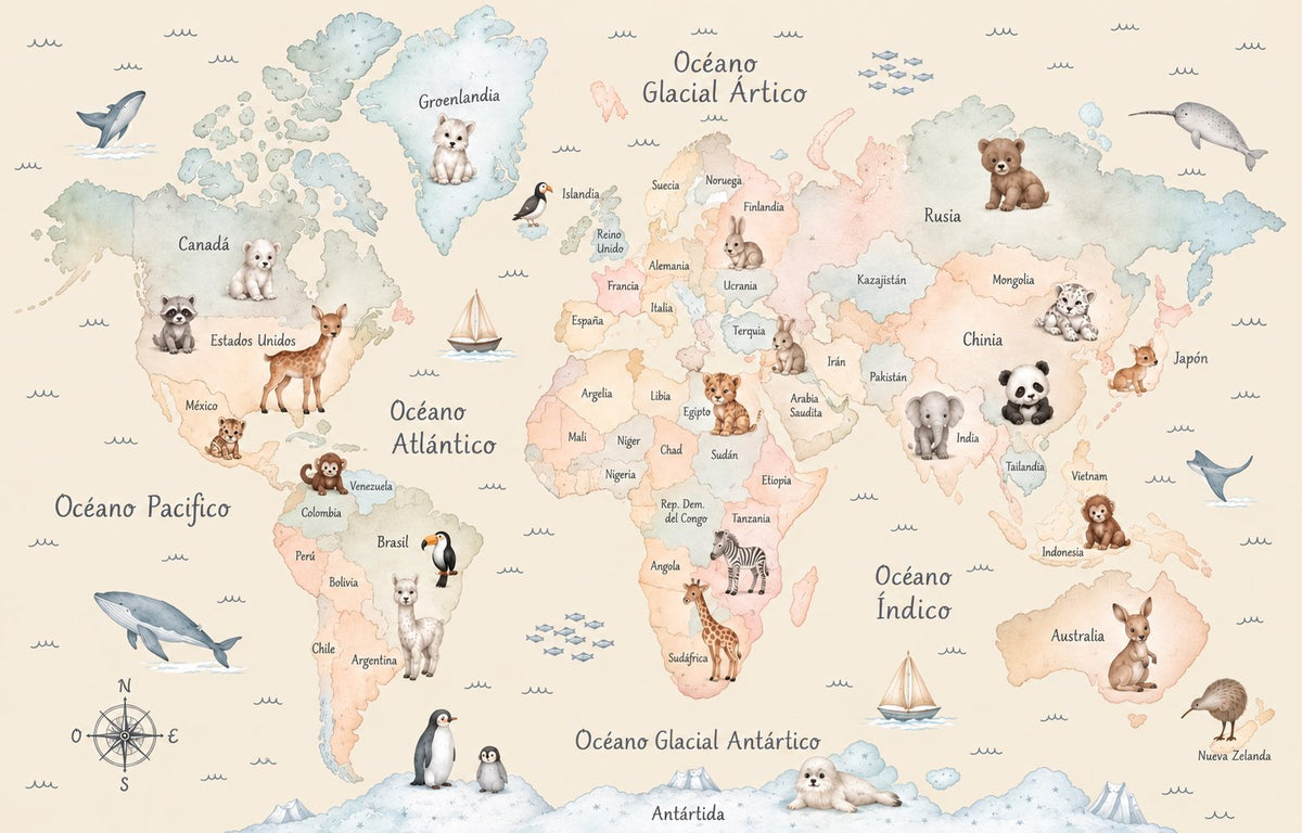 Mural Mapamundi de Animales (muestra plana)