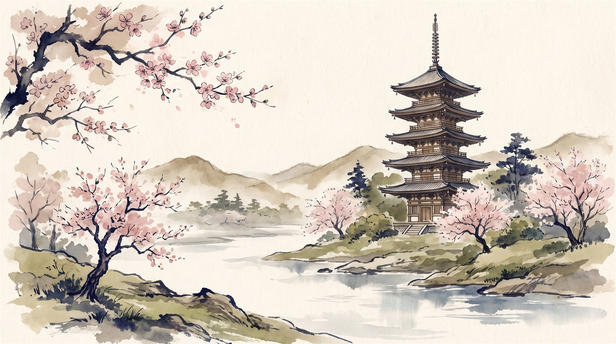 Mural Pagoda entre Cerezos (muestra plana)