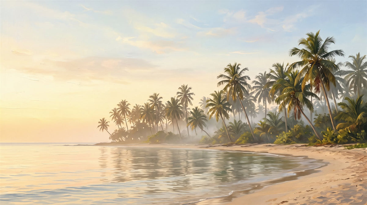 Mural Palmeras al Amanecer entre Niebla (muestra plana)