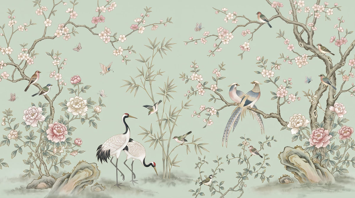 Mural Chinoiserie Celadón con Aves y Peonías (diseño completo)