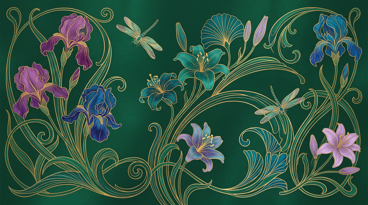 Mural Art Nouveau de Iris y Libélulas en Verde Esmeralda (diseño completo)