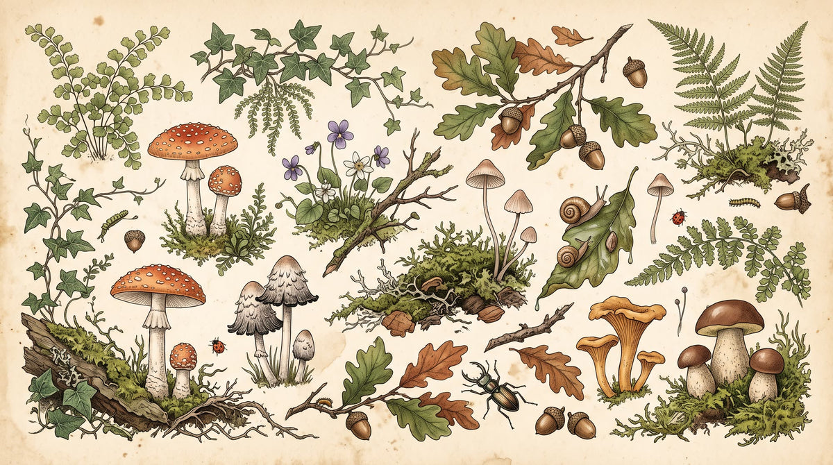 Mural Herbario de Bosque con Setas y Helechos (diseño completo)