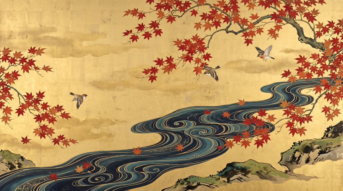 Mural Biombo Dorado con Arces Rojos y Río (diseño completo)