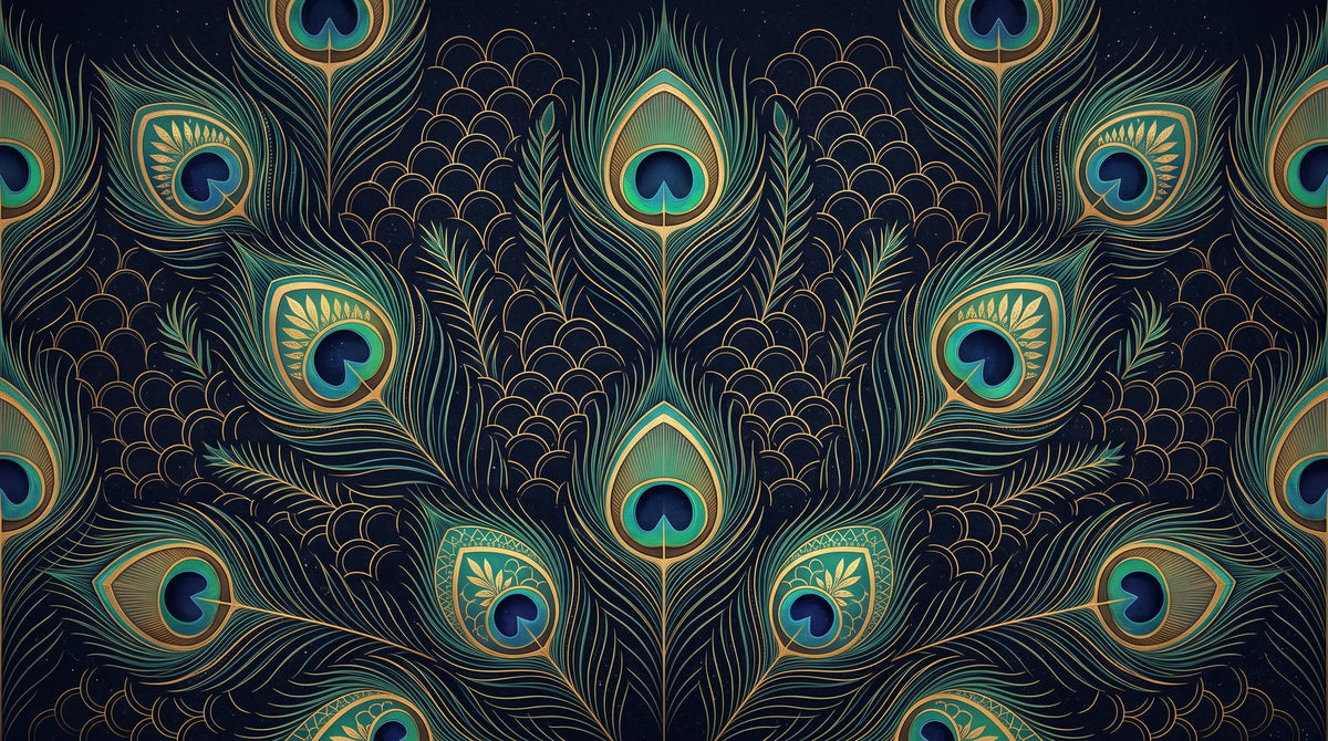 Mural Plumas de Pavo Real en Azul Noche y Oro (diseño completo)