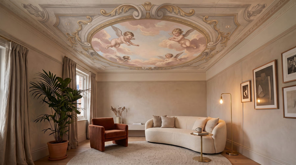 Mural de techo Fresco con Medallón Oval en Rosa Empolvado instalado
