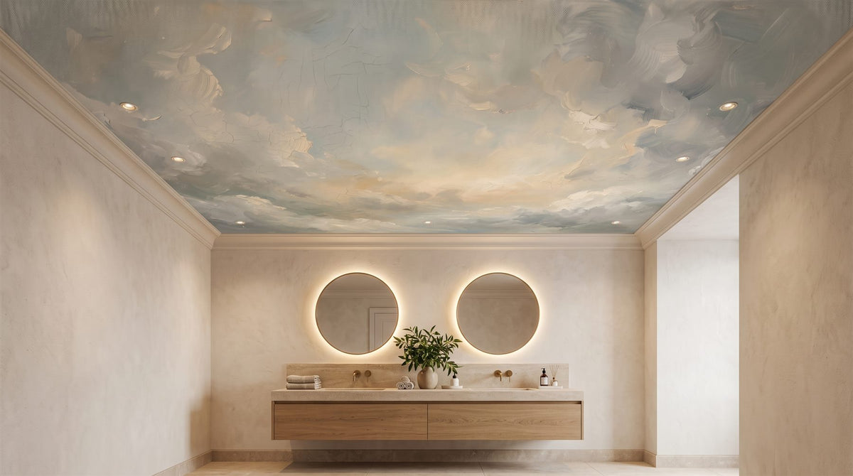 Mural de techo Nubes de Turner en Bruma, Perla y Verde Salvia instalado