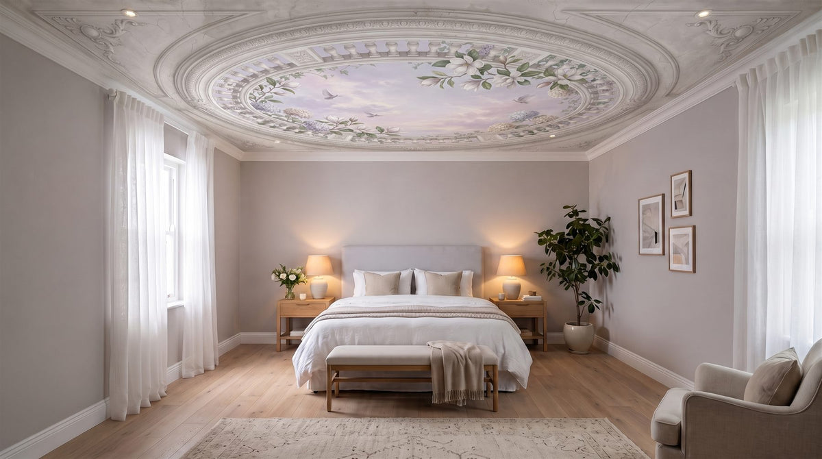 Mural de techo Trampantojo de Óculo Oval con Magnolias y Palomas instalado