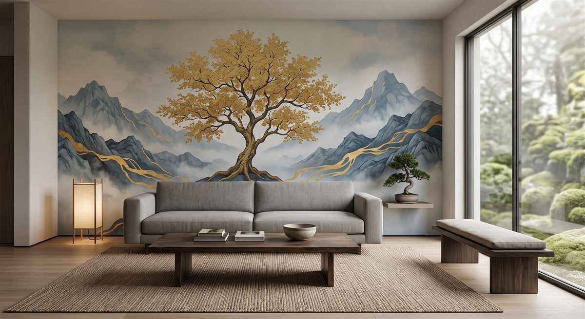 Mural Árbol Dorado entre la Niebla instalado