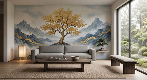Mural Árbol Dorado entre la Niebla instalado