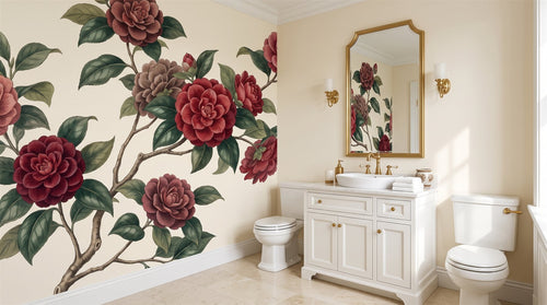 Mural Camelias en Rojo Burdeos instalado