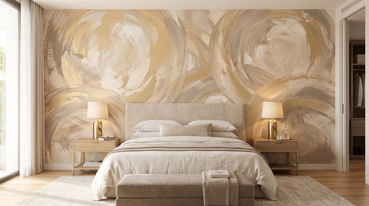 Mural Círculos Abstractos en Beige y Oro instalado