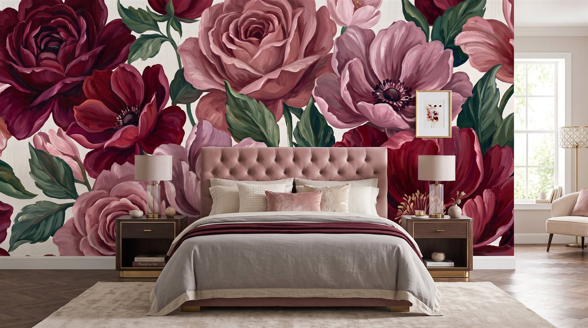 Mural Flores Gigantes en Rosa Burdeos instalado