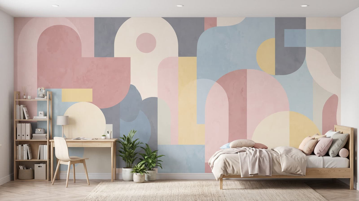 Mural Formas Geométricas en Rosa y Azul Pastel instalado