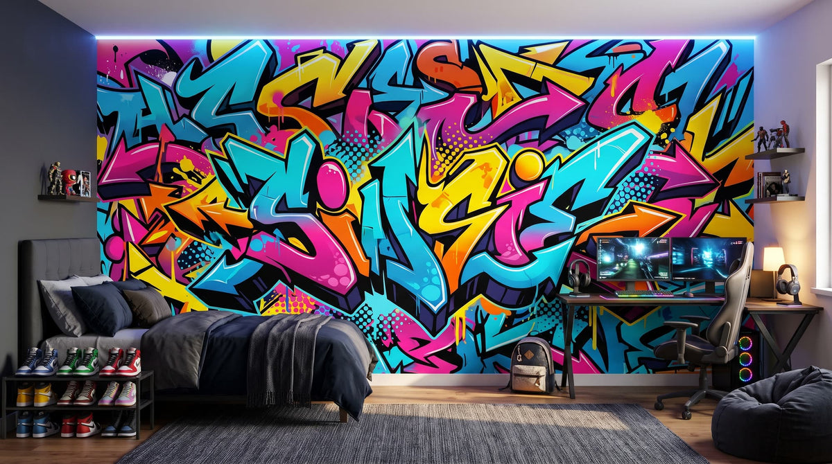 Mural Graffiti Wildstyle en Neón instalado en un dormitorio