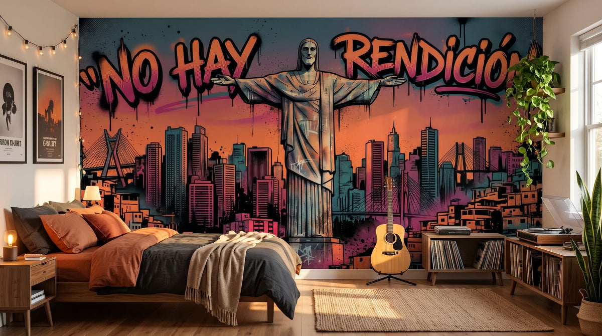 Mural Graffiti de Río con Cristo Redentor, No Hay Rendición instalado en un dormitorio