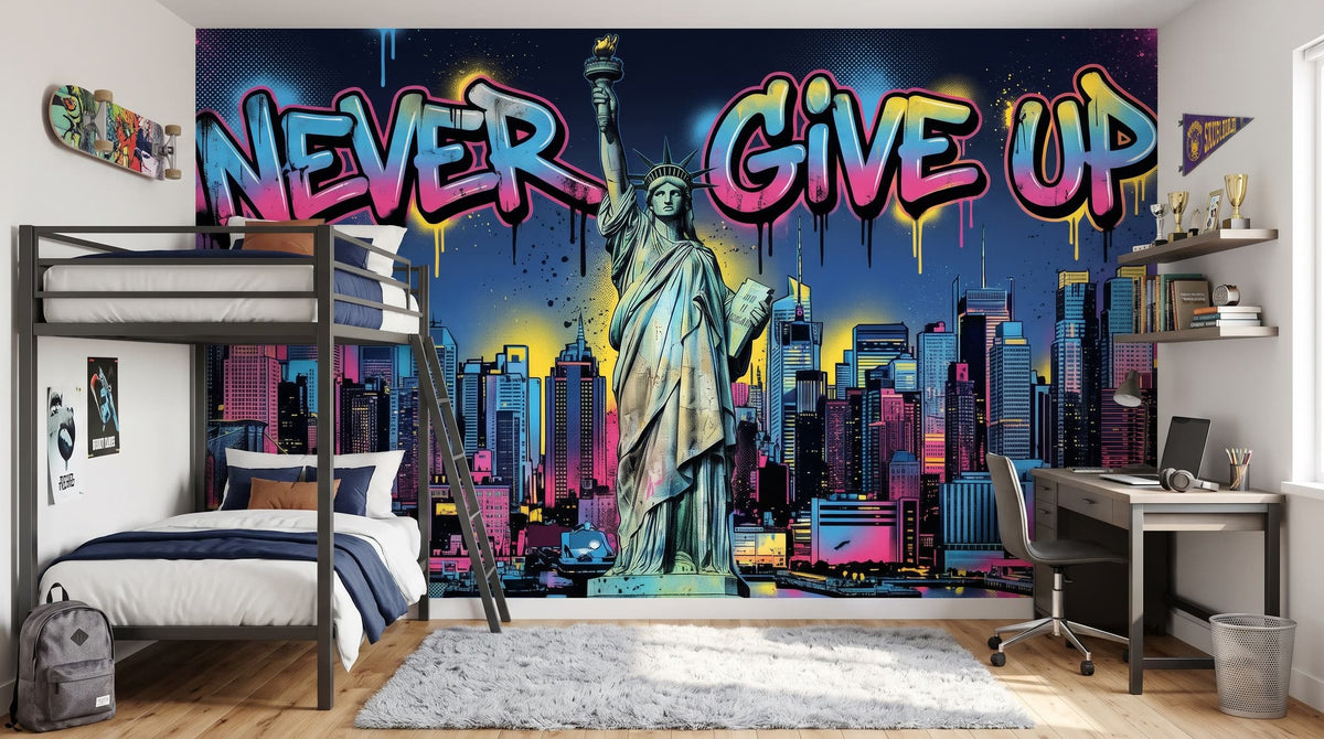 Mural Graffiti de Nueva York y Estatua de la Libertad instalado en un dormitorio