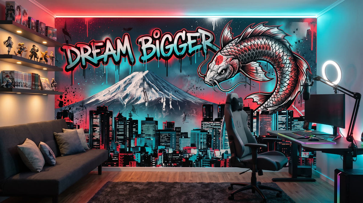 Mural Graffiti de Tokio con Monte Fuji y Koi, Dream Bigger instalado en un salón