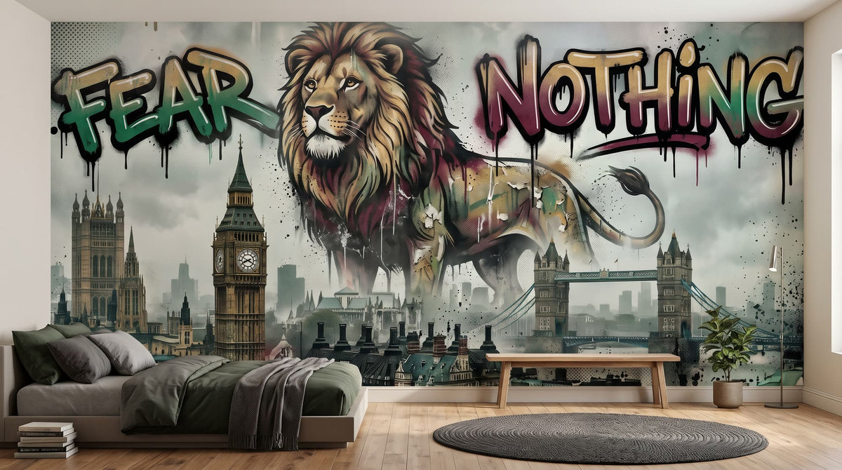 Mural Graffiti de Londres con León, Fear Nothing instalado en un dormitorio