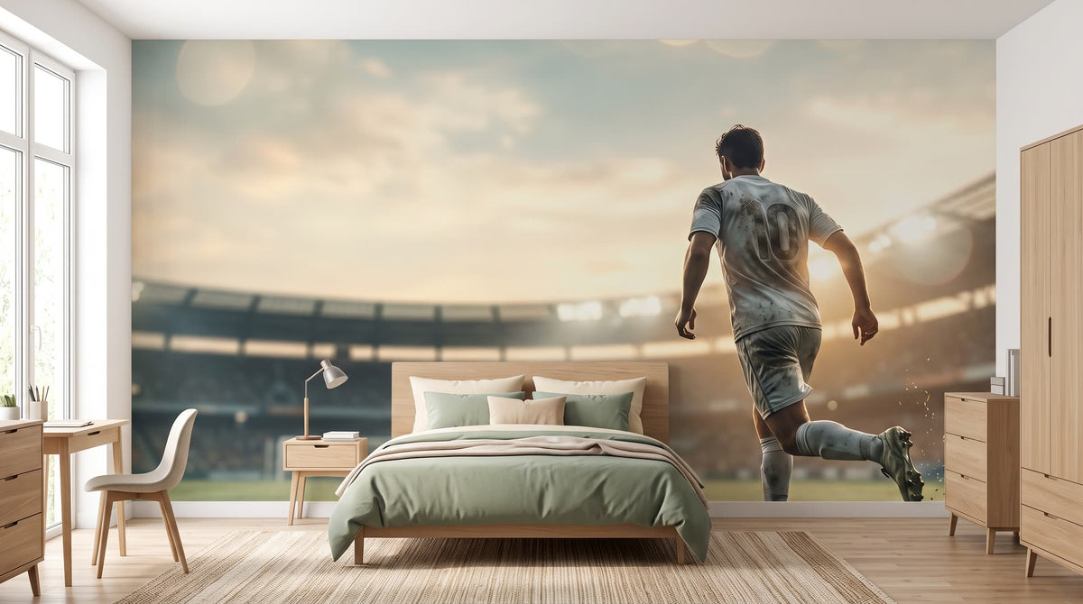 Mural Fútbol al Atardecer en el Estadio, Verde Salvia instalado en un dormitorio