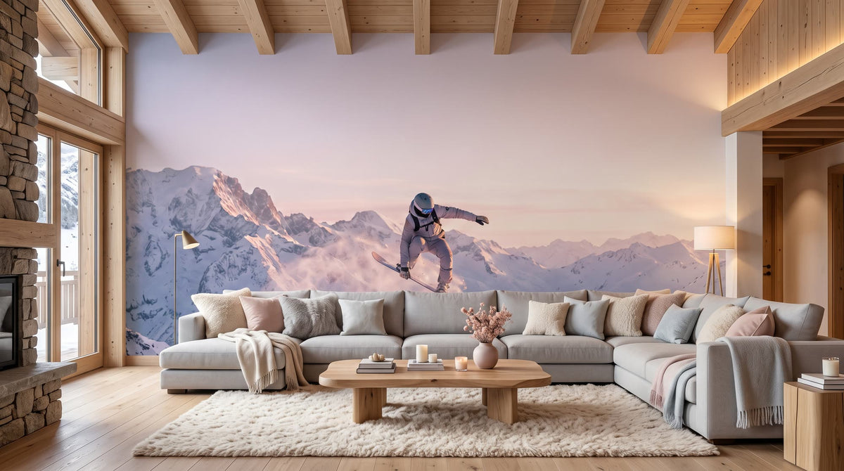 Mural Snowboard en Salto sobre la Cresta, Azul Hielo y Rosa instalado en un salón