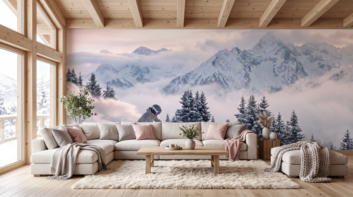 Mural Esquí Alpino en Curva sobre Nieve Polvo, Gris Perla instalado en un salón