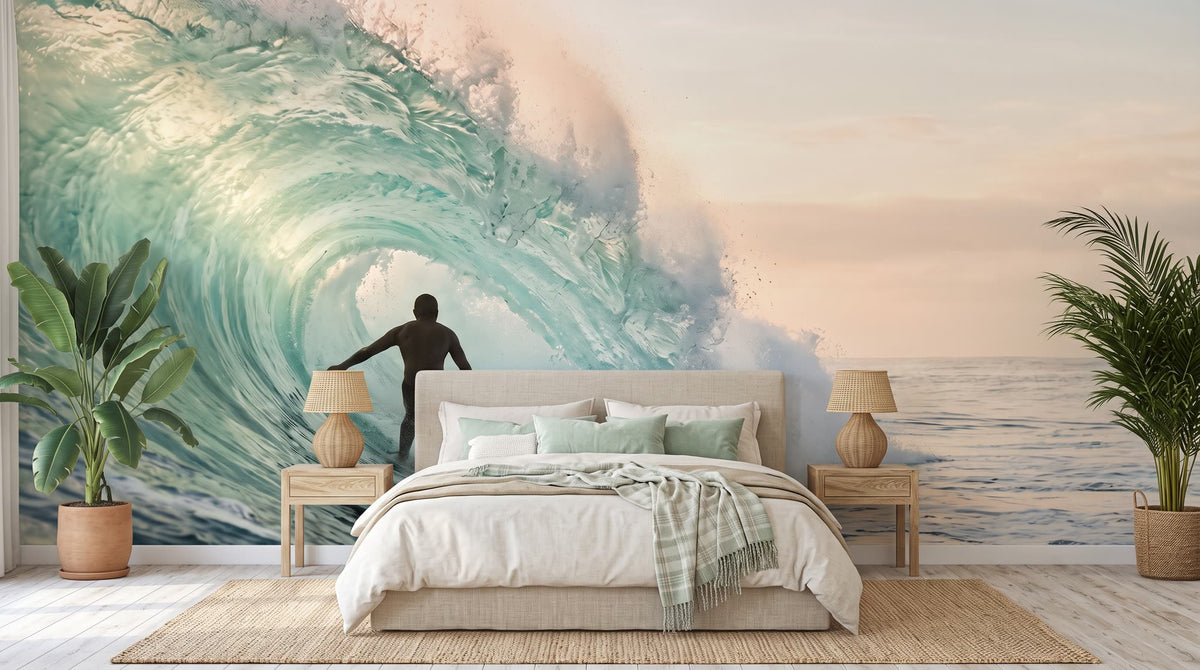 Mural Surf en el Tubo de la Ola, Menta y Melocotón instalado en un dormitorio