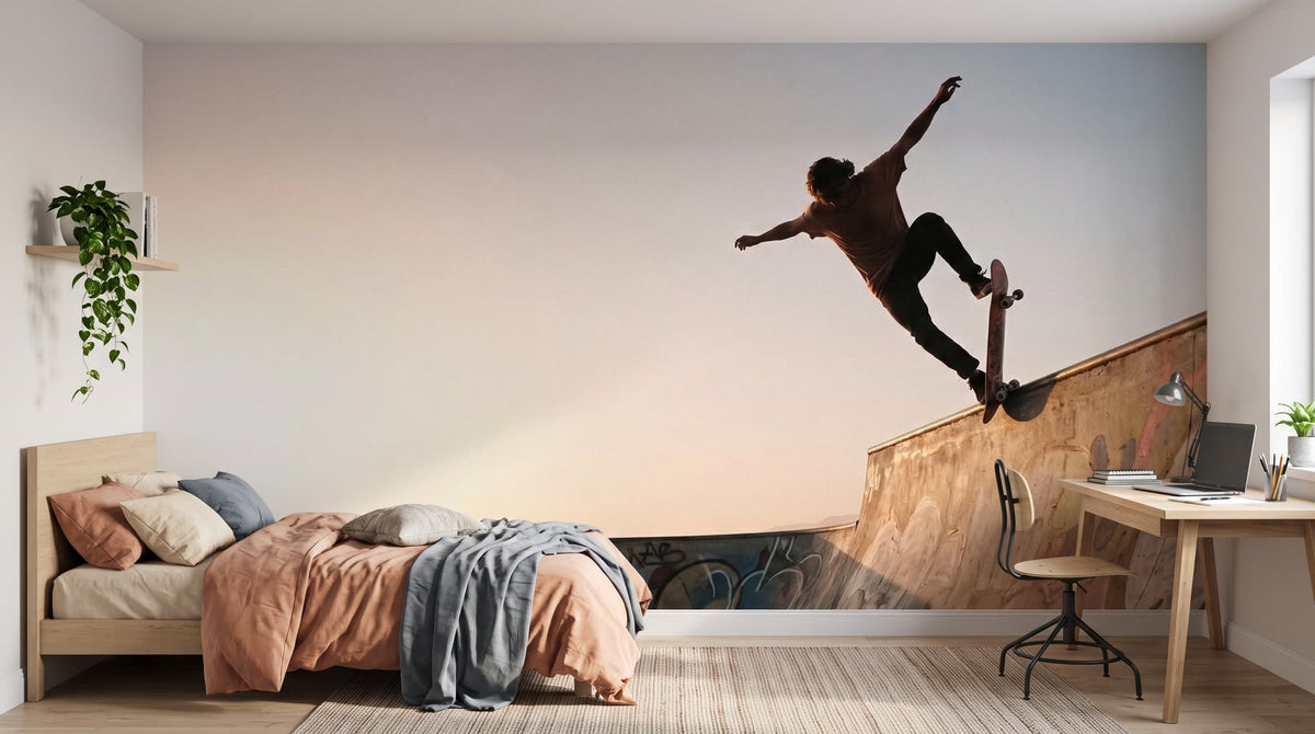 Mural Skate en el Bowl al Atardecer, Terracota y Arena instalado en un dormitorio