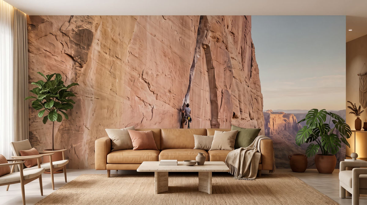 Mural Escalada en Roca de Arenisca, Arena y Rosa Salmón instalado en un salón