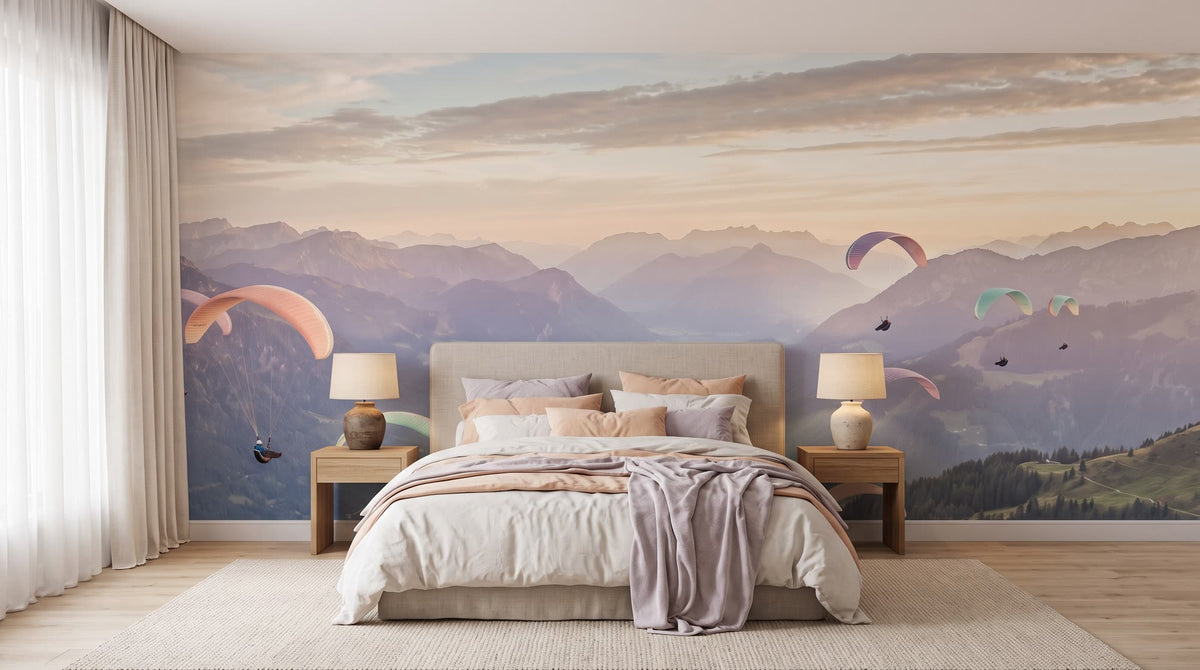 Mural Parapente sobre un Valle con Lago, Melocotón y Lila instalado en un dormitorio